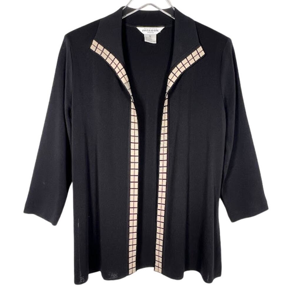 Exclusively Misook Open Front Cardigan M Black Tan Long Sleeve Career